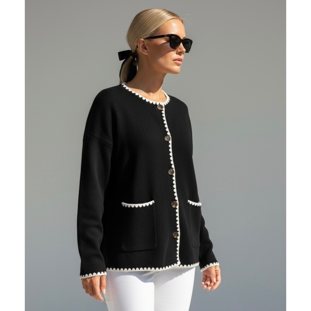 NEW Black Size Large Scalloped Trim‎ Button Front Knit Cardigan Sweater